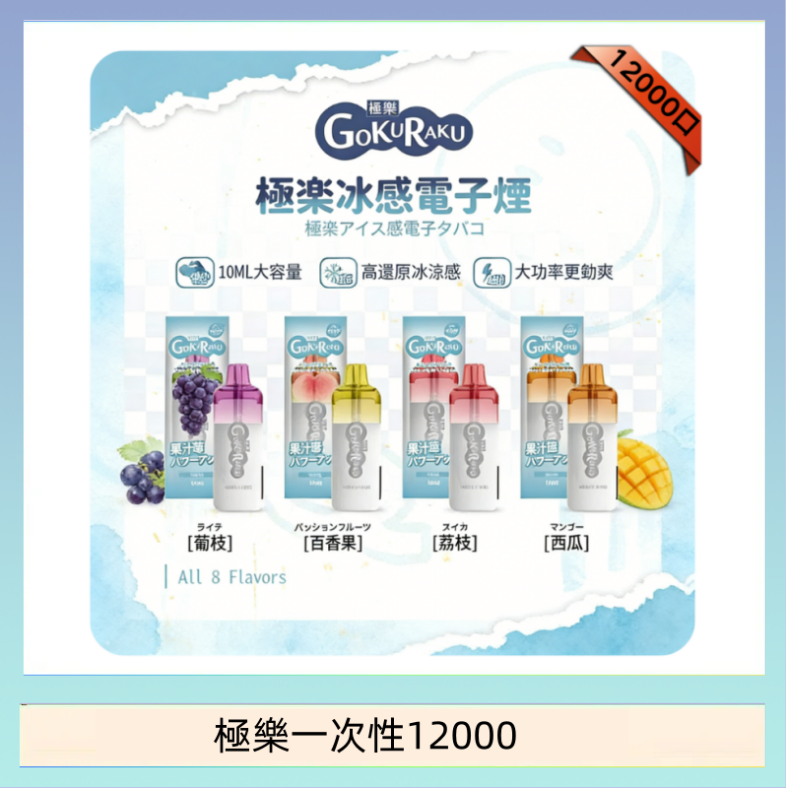 極樂一次性12000 【8種口味】極楽 12000口一次性電子煙|超大容量 |口感絲滑|新品